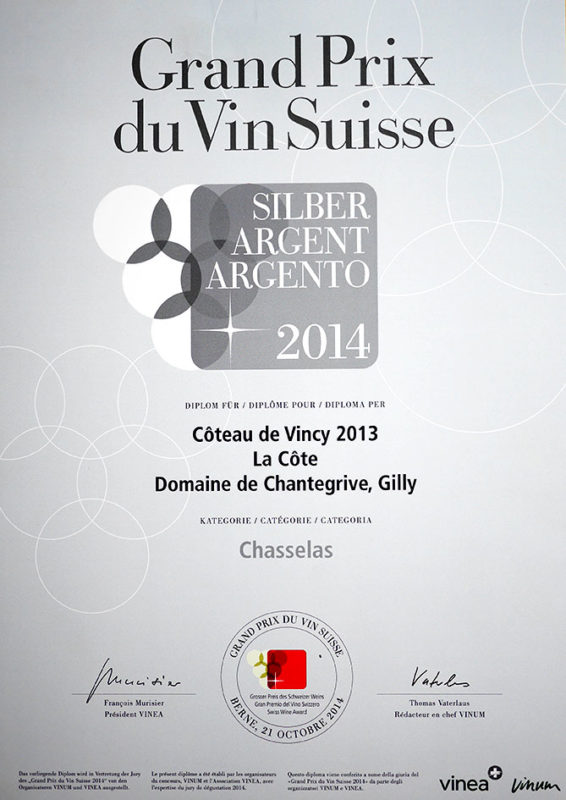 Coteau de Vincy 2013 Médaille d'argent Grand Prix du Vin Suisse 2014