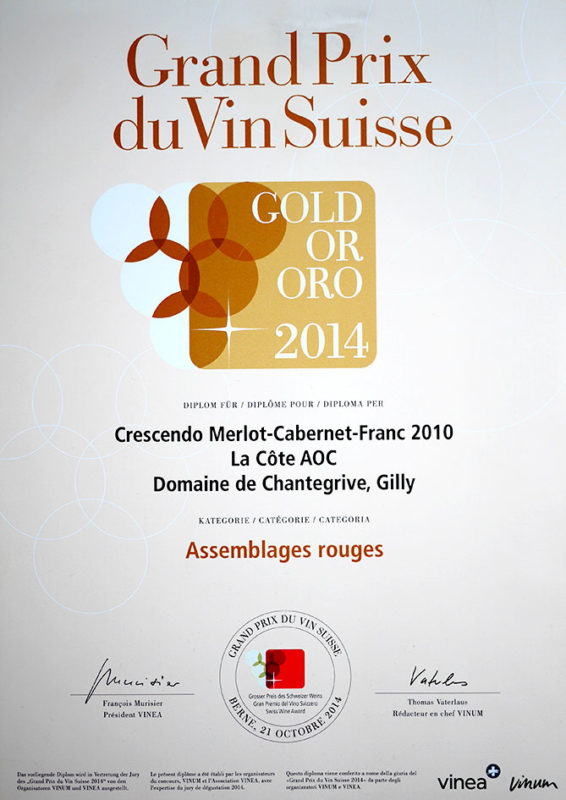 Crescendo Merlot Cabernet Franc 2010 1er prix Médaille d'or Grand Prix du Vin Suisse 2014