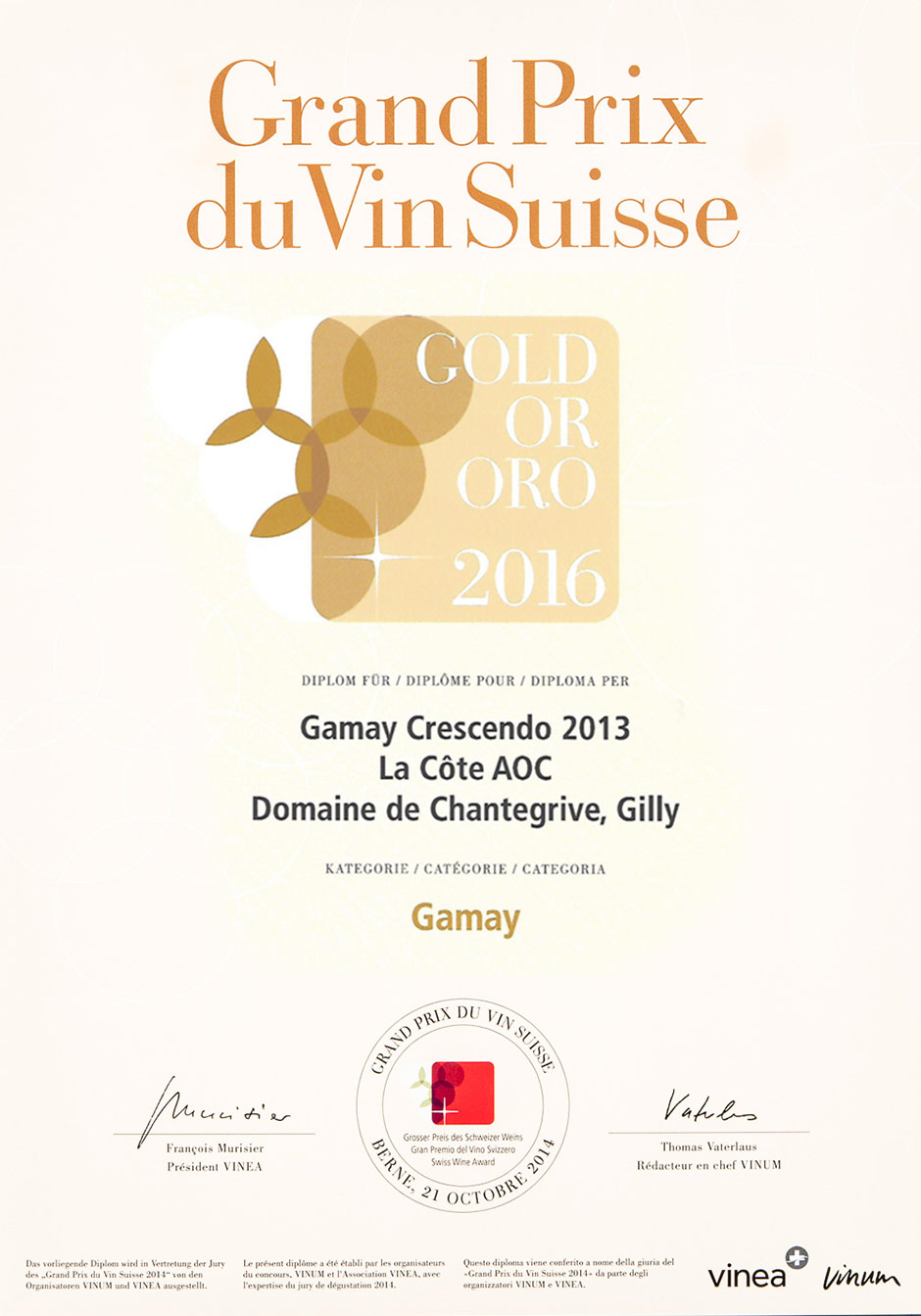 Vin primé Crescendo-Gamay 2013 Domaine de Chantegrive