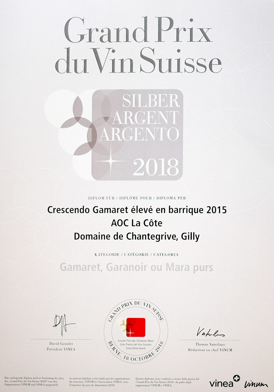 Vin primé 2018 (Argent) Crescendo-Gamaret 2015 Domaine de Chantegrive